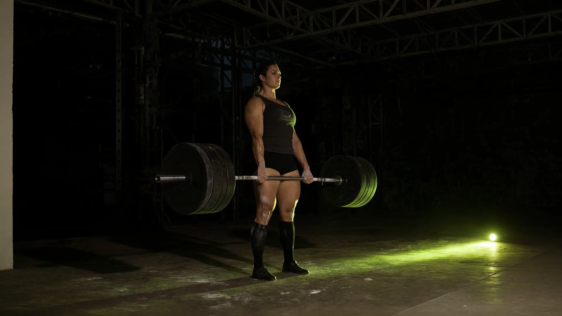 Lifter standing tall at lockout, wide shot of the hall